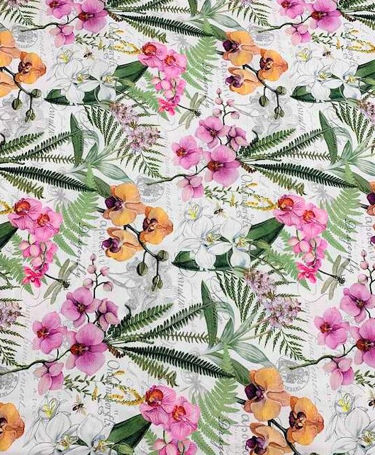 Orchids & Ferns on White - Orchids In Bloom - by Michel Design Works for Northcott Cotton Fabric