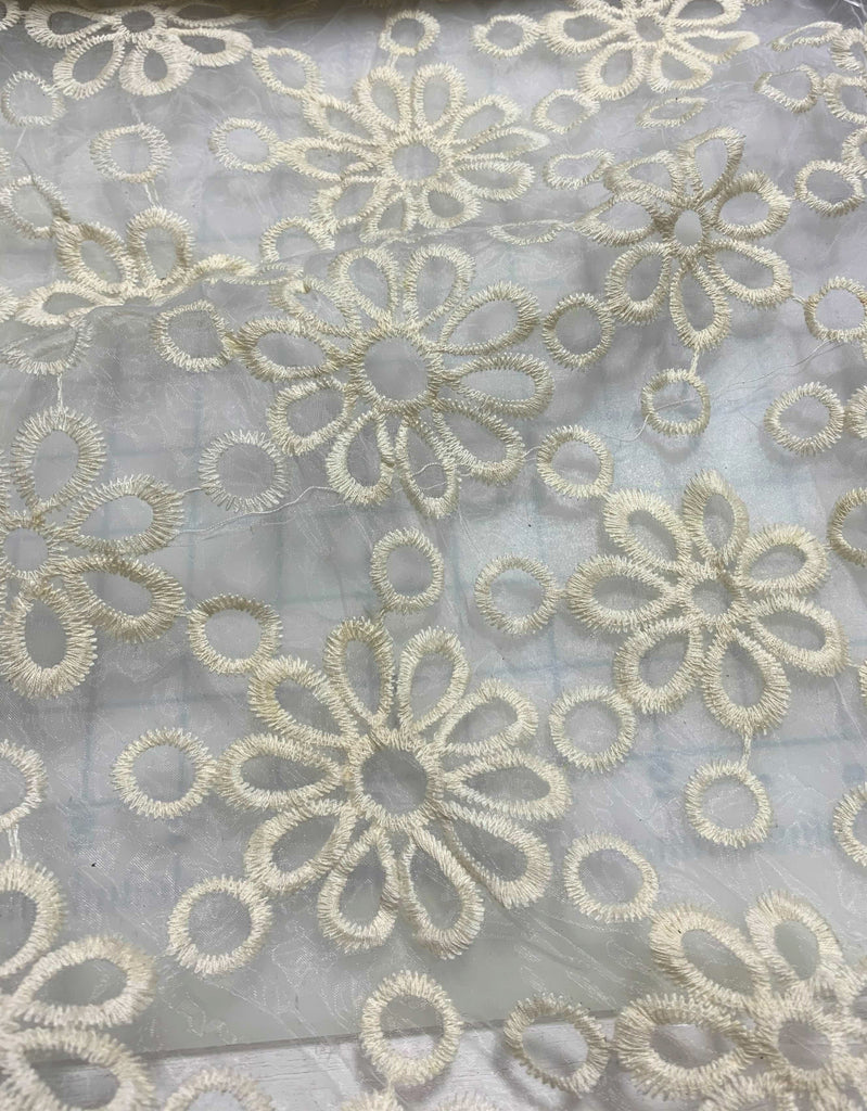 Ivory Floral Dots Embroidered Organza Fabric