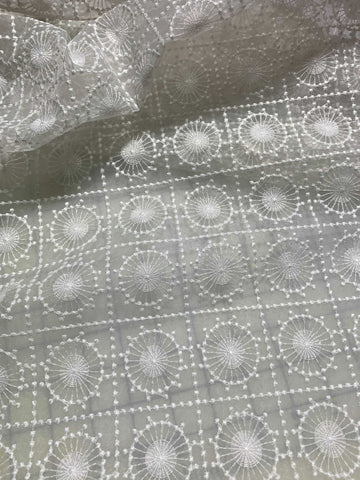 White Geometric Embroidered Organza Fabric