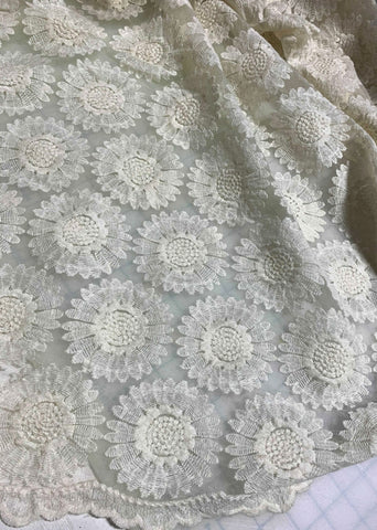 Ivory Sunflowers Floral Embroidered Organza Fabric