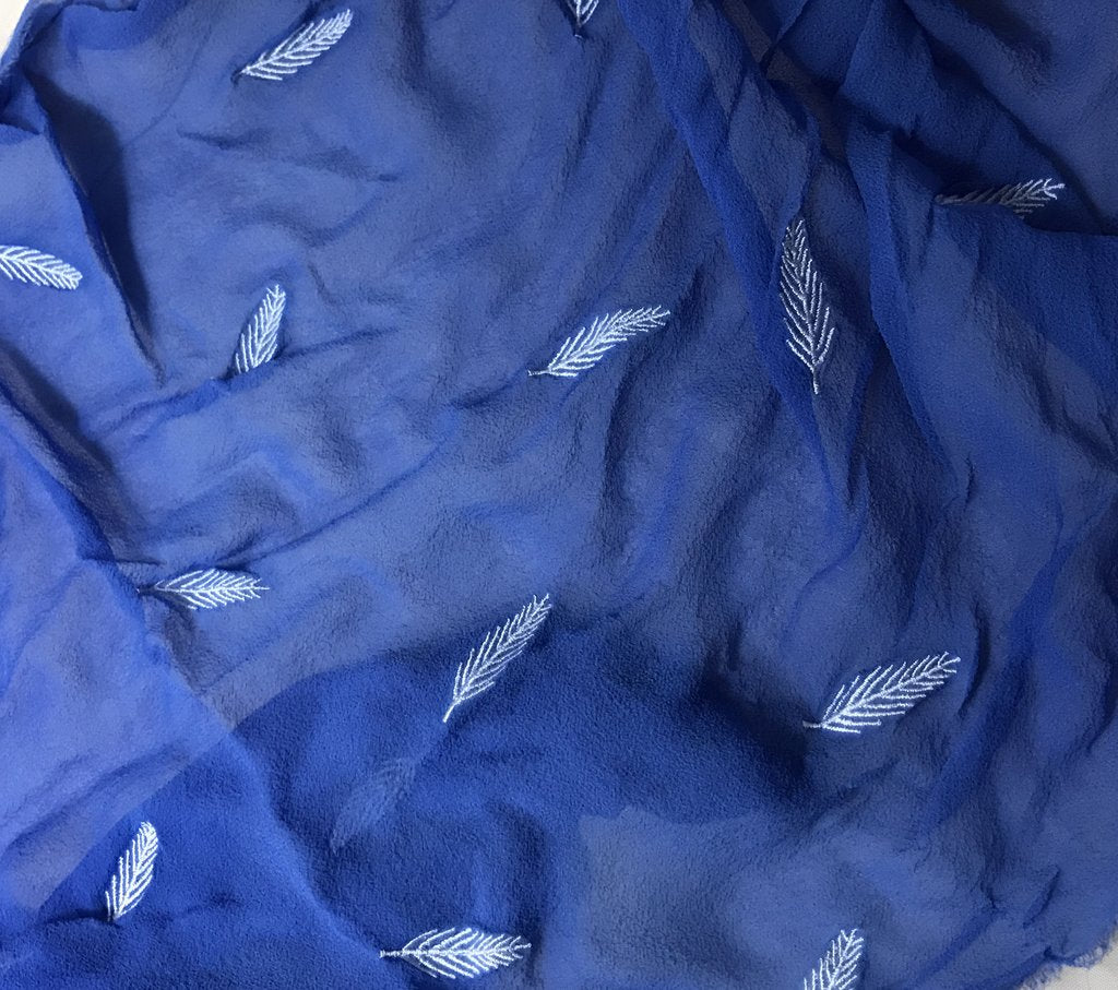 Periwinkle Blue - Hand Dyed Embroidered Leaves Silk Chiffon