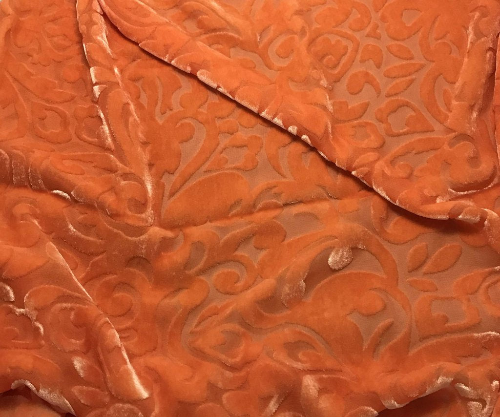 Persimmon Orange Scroll - Hand Dyed Burnout Silk Velvet