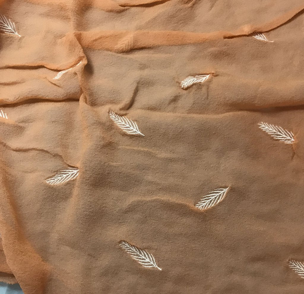 Persimmon Orange - Hand Dyed Embroidered Leaves Silk Chiffon