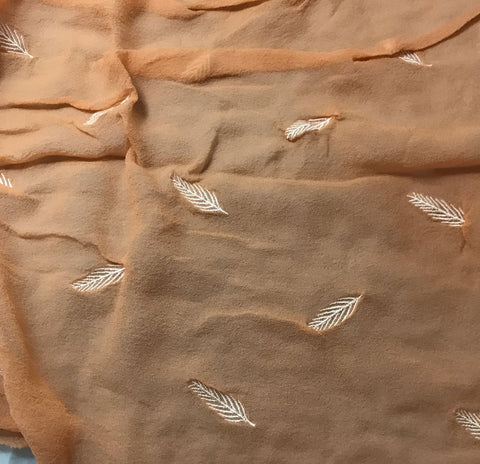 Persimmon Orange - Hand Dyed Embroidered Leaves Silk Chiffon