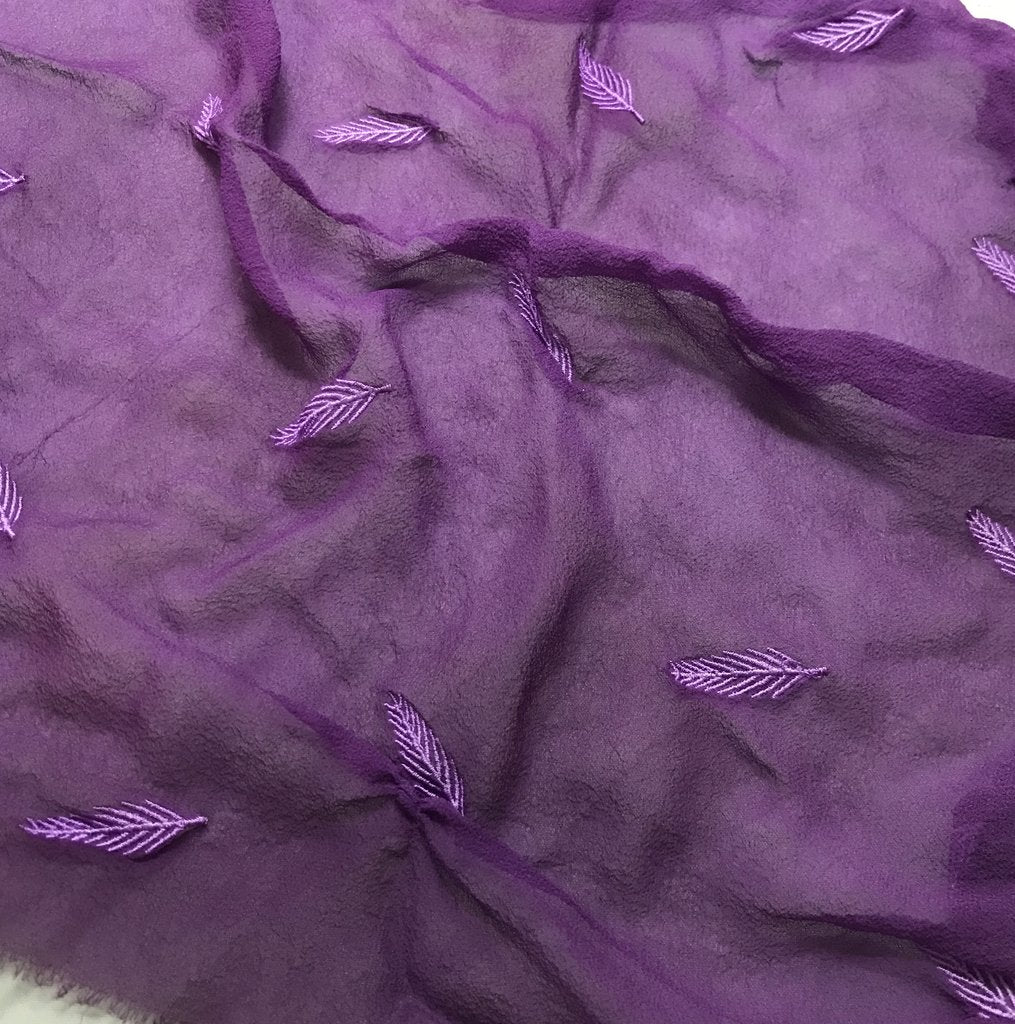 Purple - Hand Dyed Embroidered Leaves Silk Chiffon