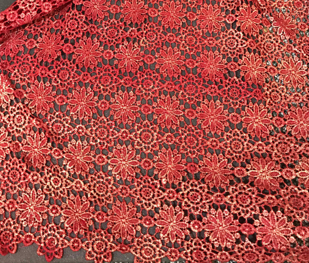 Red & Metallic Gold Floral Lace Fabric 69" x 51" Remnant