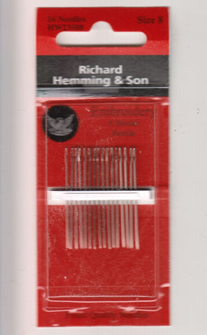 Richard Hemming Needles - Embroidery Size 8 - Made in England