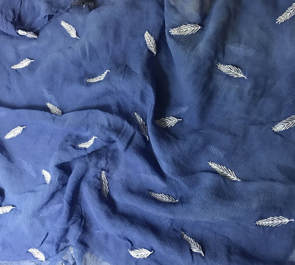 Royal Blue - Hand Dyed Embroidered Leaves Silk Chiffon