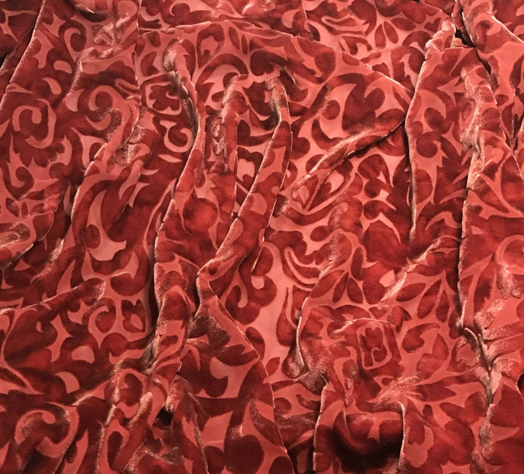 Rust Red Scroll - Hand Dyed Burnout Silk Velvet
