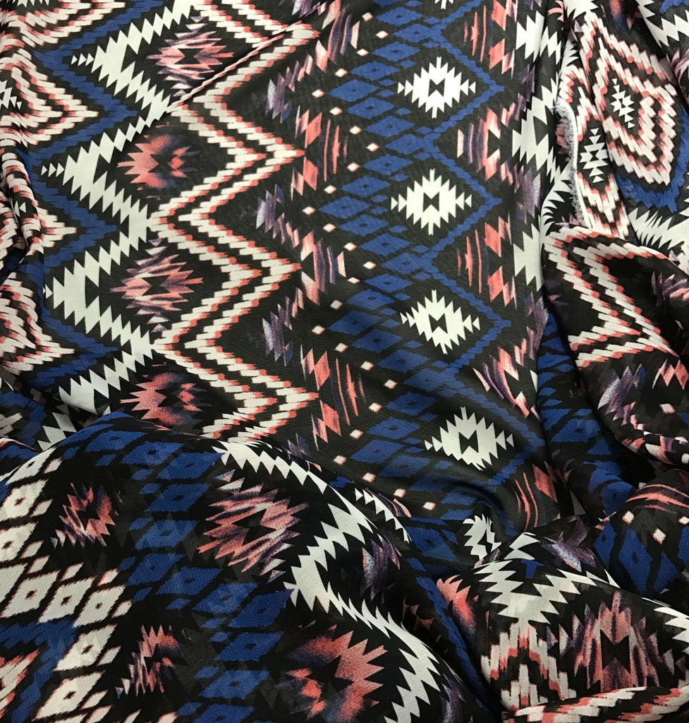 Navy & Coral Aztec Geometric - Polyester Chiffon Fabric