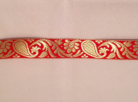 Vintage Jacquard Ribbon - Red & Metallic Gold Paisley