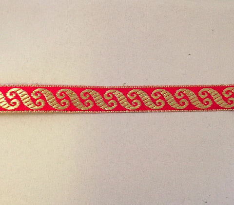 Vintage Jacquard Ribbon - Red & Metallic Gold Scroll
