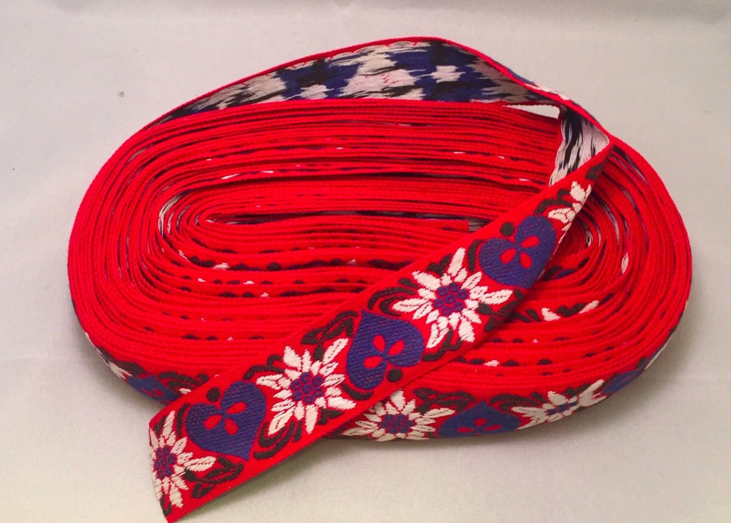 Vintage Jacquard Ribbon - Red Hearts & Flowers