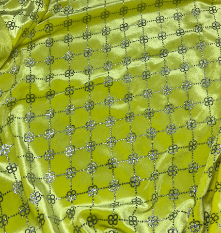 Yellow with Silver Glitter Floral Link - Stretch Polyester Velvet Fabric
