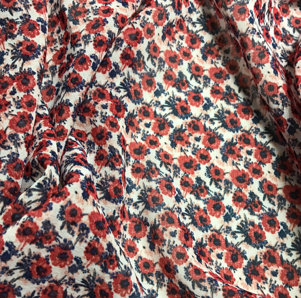 Red & Blue Floral - Polyester Chiffon Fabric