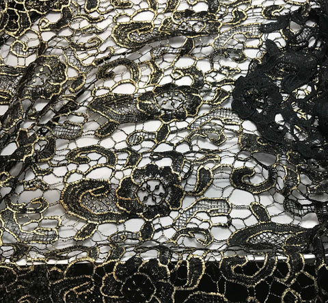 SALE Stretch Mesh Lace Fabric 5531 Black-Metallic Gold, by the yard