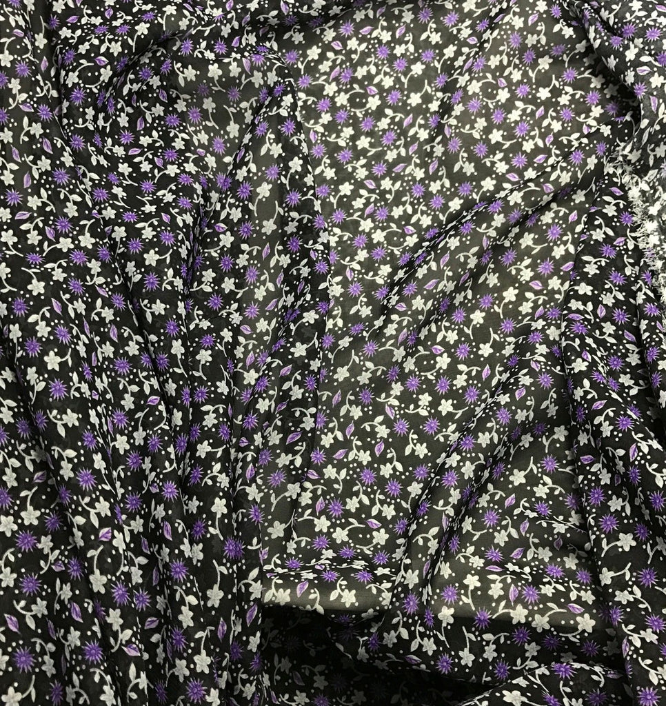 Purple & Black Floral - Polyester Chiffon Fabric