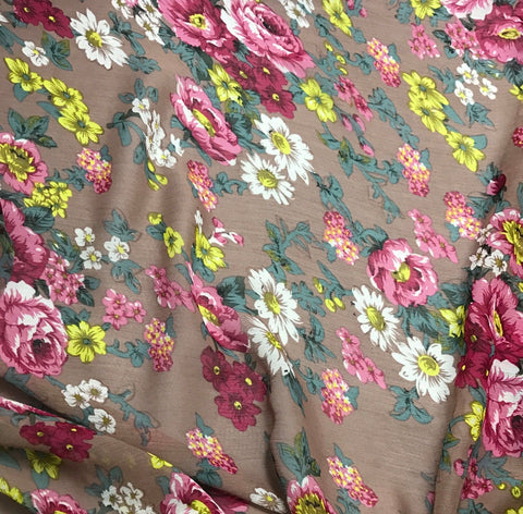 Taupe with Pink Roses - Polyester Chiffon Fabric