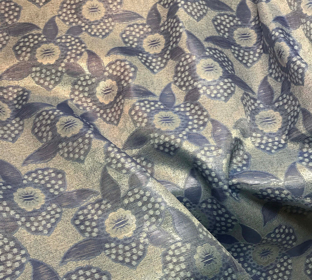 Silver & Blue Metallic Floral - Polyester Jacquard Fabric