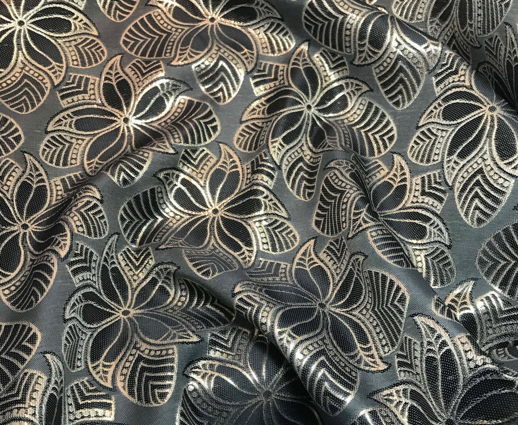 Black & Gold Metallic Floral - Polyester Jacquard Fabric