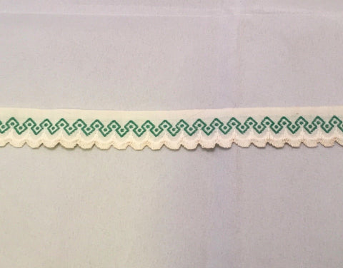 Vintage Jacquard Ribbon - Green & White Scalloped Geometric