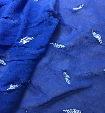 Sapphire Blue - Hand Dyed Embroidered Leaves Silk Chiffon