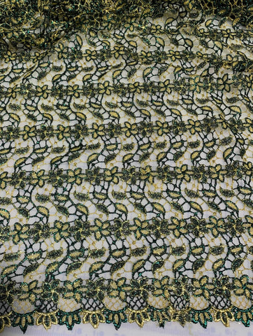 Green & Gold Flowers and Leaves - Schiffli Lace Fabric