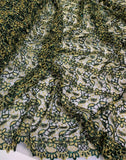 Green & Gold Flowers and Leaves - Schiffli Lace Fabric