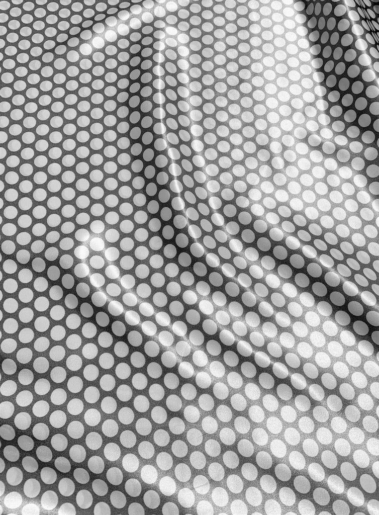Snow White Mod Dots on Charcoal Grey - Faux Silk Satin Fabric - Shannon Fabrics