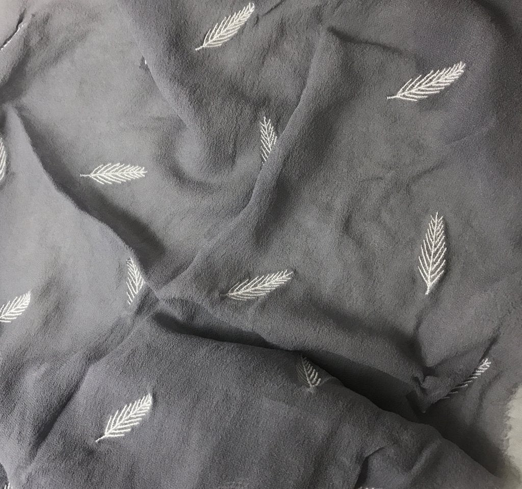 Silver - Hand Dyed Embroidered Leaves Silk Chiffon