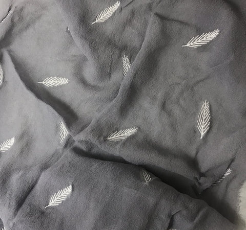 Silver - Hand Dyed Embroidered Leaves Silk Chiffon