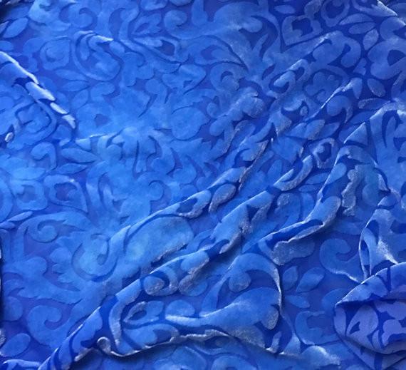 Sky Blue Scroll - Hand Dyed Burnout Silk Velvet