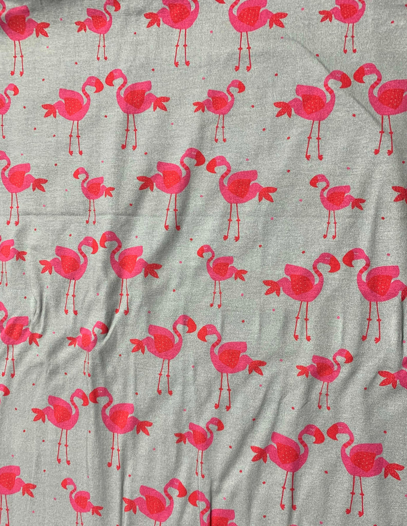 Pink Flamingos on Gray - Avalana - Stof Fabrics - Jersey Cotton Knit