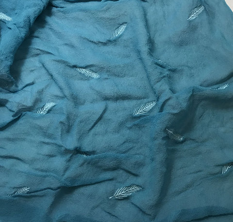 Teal Blue - Hand Dyed Embroidered Leaves Silk Chiffon