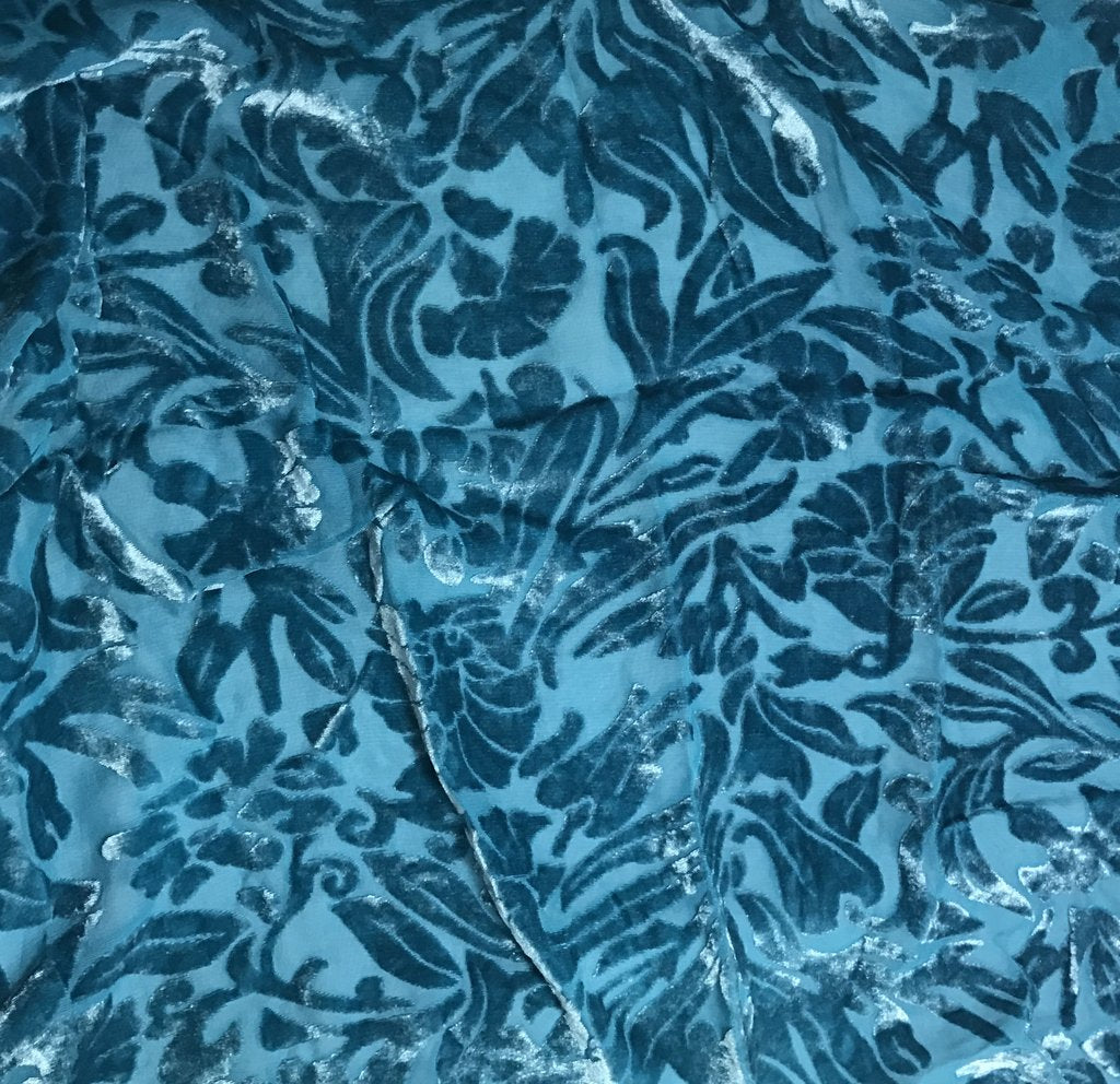 Teal Blue Floral - Hand Dyed Burnout Silk Velvet