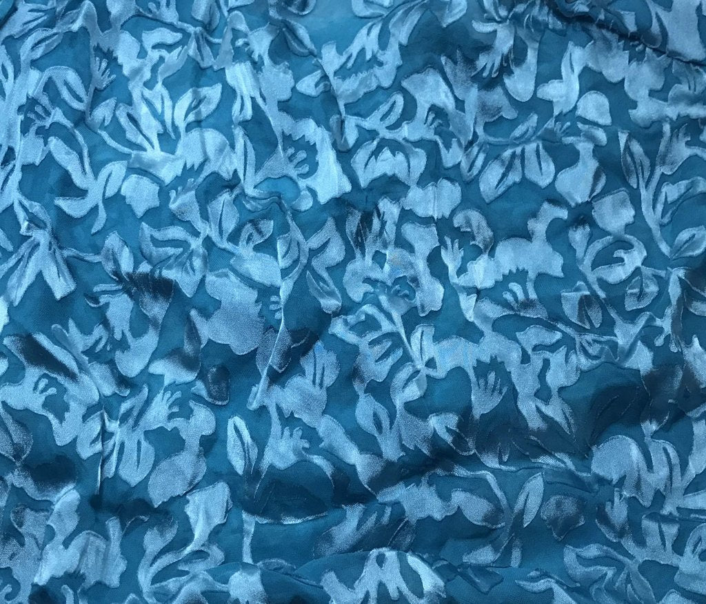 Teal Blue Floral - Hand Dyed Burnout Devore Silk Satin