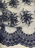Blue Floral Beaded Embroidered Tulle Lace Fabric