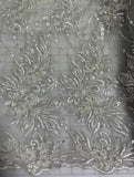 White Floral Bunches Beaded Embroidered Tulle Lace Fabric