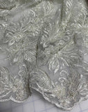 White Floral Bunches Beaded Embroidered Tulle Lace Fabric