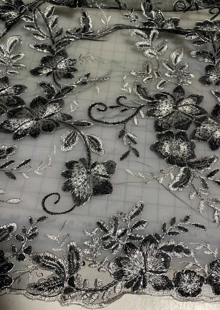 5 YARDS / Elea Silver Clear Sequin Beaded Embroidery Black Tulle