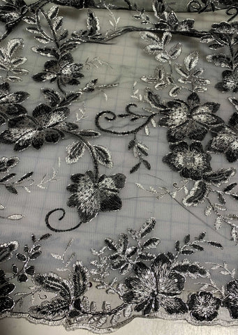 Black & Silver Floral Sequin Embroidered Tulle Lace Fabric – Prism