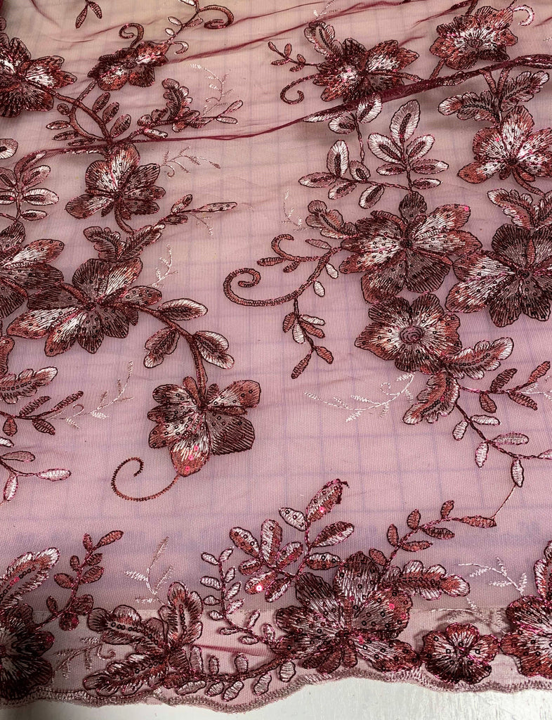 Burgundy Floral Sequin Embroidered Tulle Lace Fabric