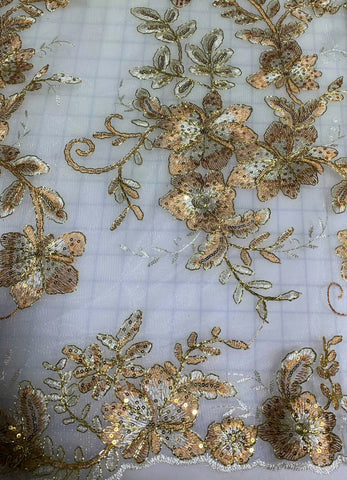 Thin Gold Floral and Sequin Lace Fabric