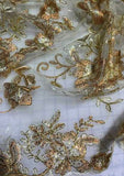 Copper & Pale Gold Floral Sequin Embroidered Tulle Lace Fabric