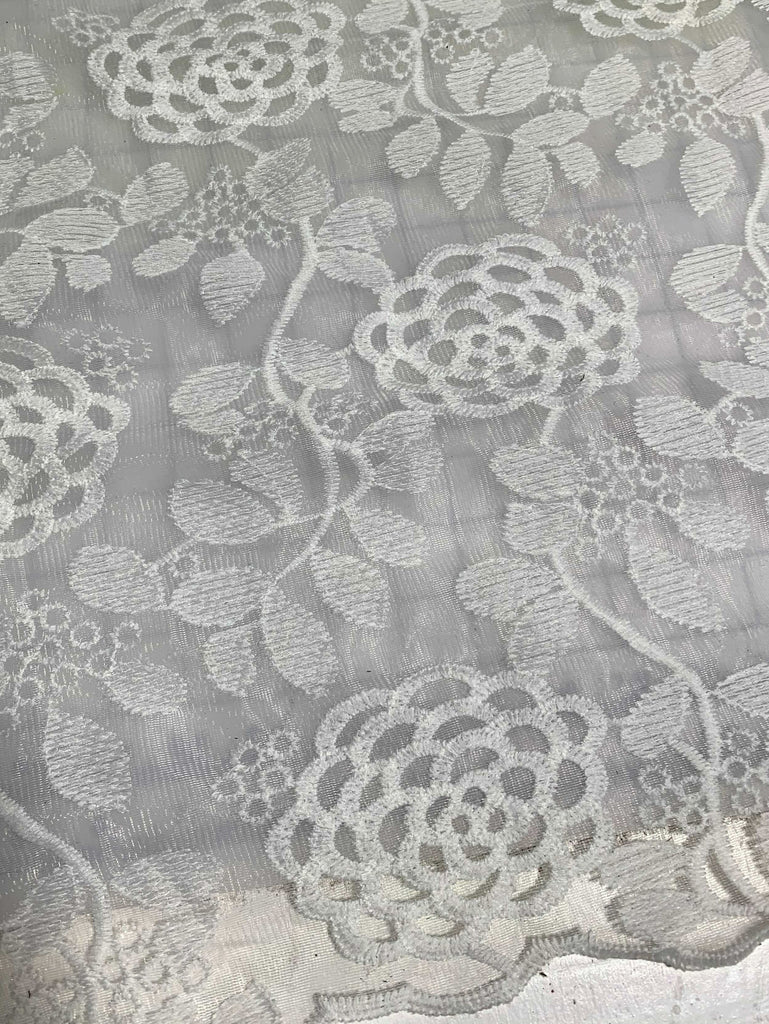 White Full Blooms Floral Embroidered Tulle Lace Fabric