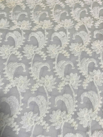Ivory Floral Stripes Embroidered Tulle Lace Fabric