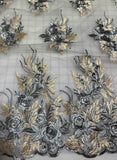 Gold & Silver Roses Floral Embroidered Tulle Lace Fabric