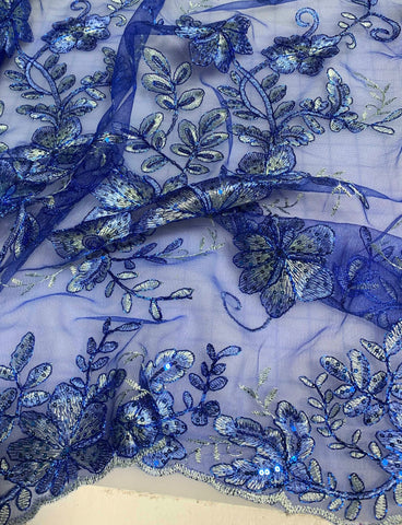 Royal Blue & Silver Floral Sequin Embroidered Tulle Lace Fabric