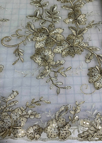Pale Gold Floral Sequin Embroidered Tulle Lace Fabric