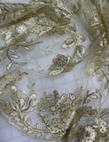 Pale Gold Floral Sequin Embroidered Tulle Lace Fabric